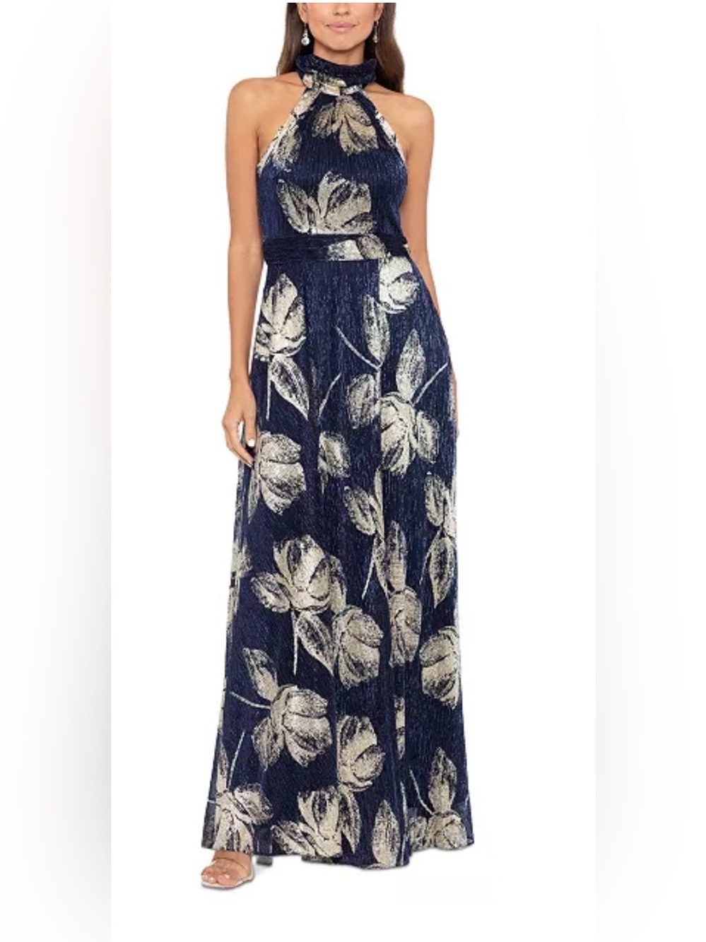 Betsy & Adam Metallic Foil Shimmer Floral Print Halter Sleeveless A-Line Dress